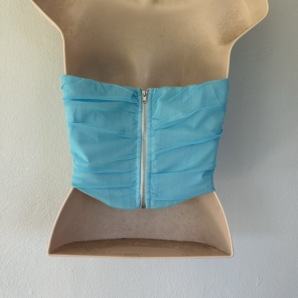 Baby blue draped sheer mesh strapless zip back bustier corset crop top size XS - Picture 5 of 10